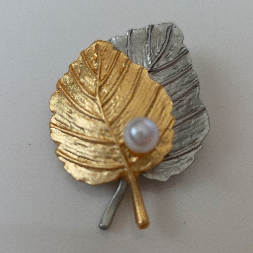Simulated Pearl Gold Silver Leaf Brooch